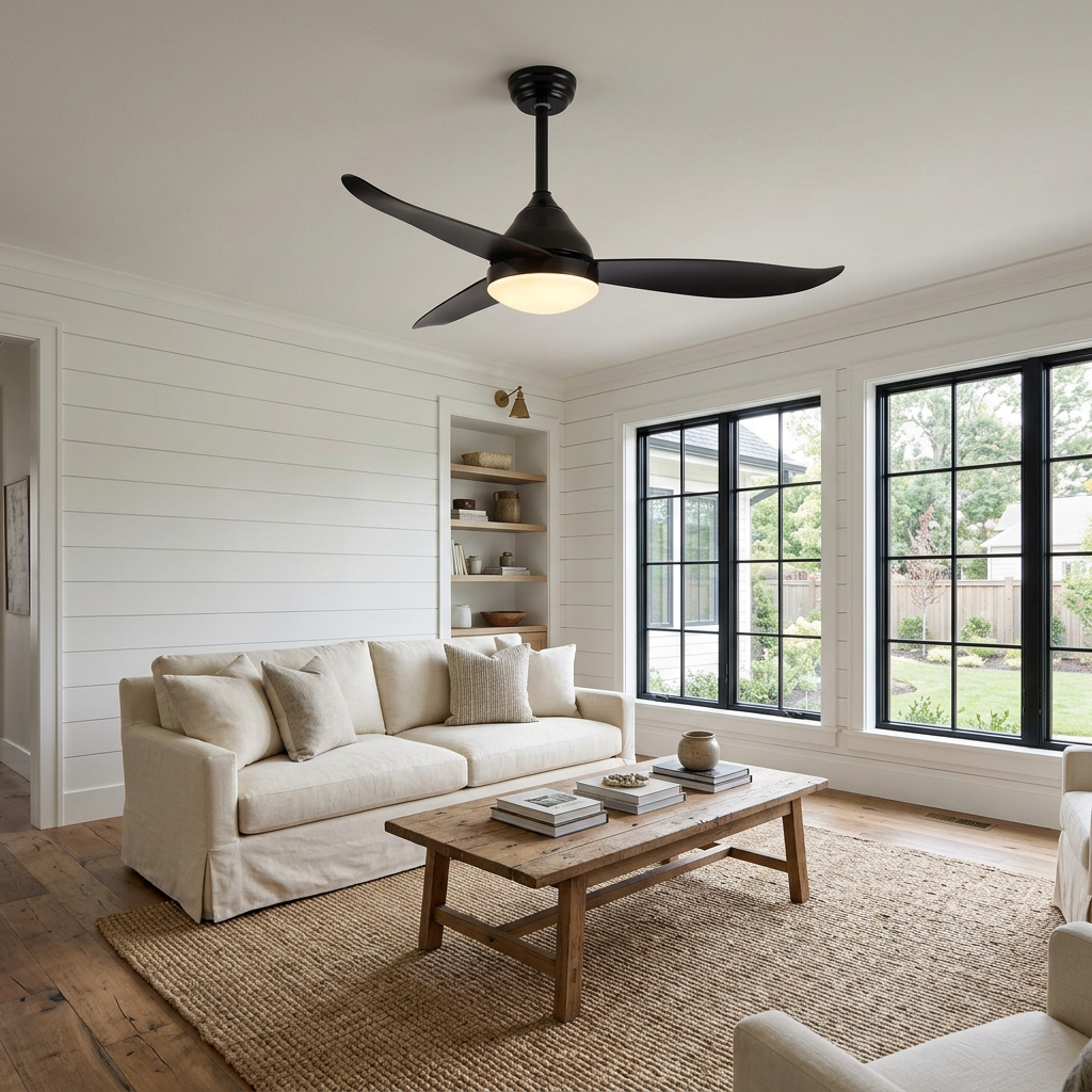 Alize Ceiling Fan Light in Black in a Boise farmhouse living room