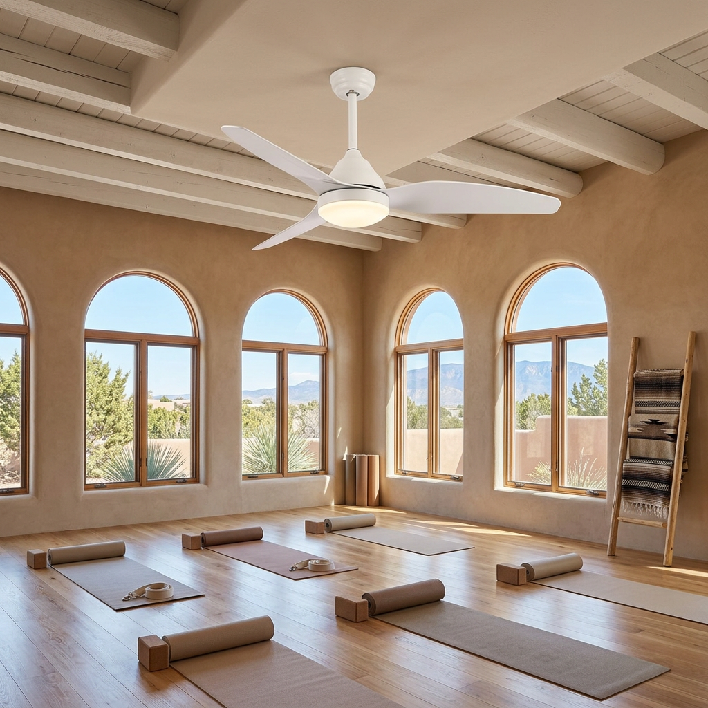 Alize Ceiling Fan Light in White in a Santa Fe yoga studio