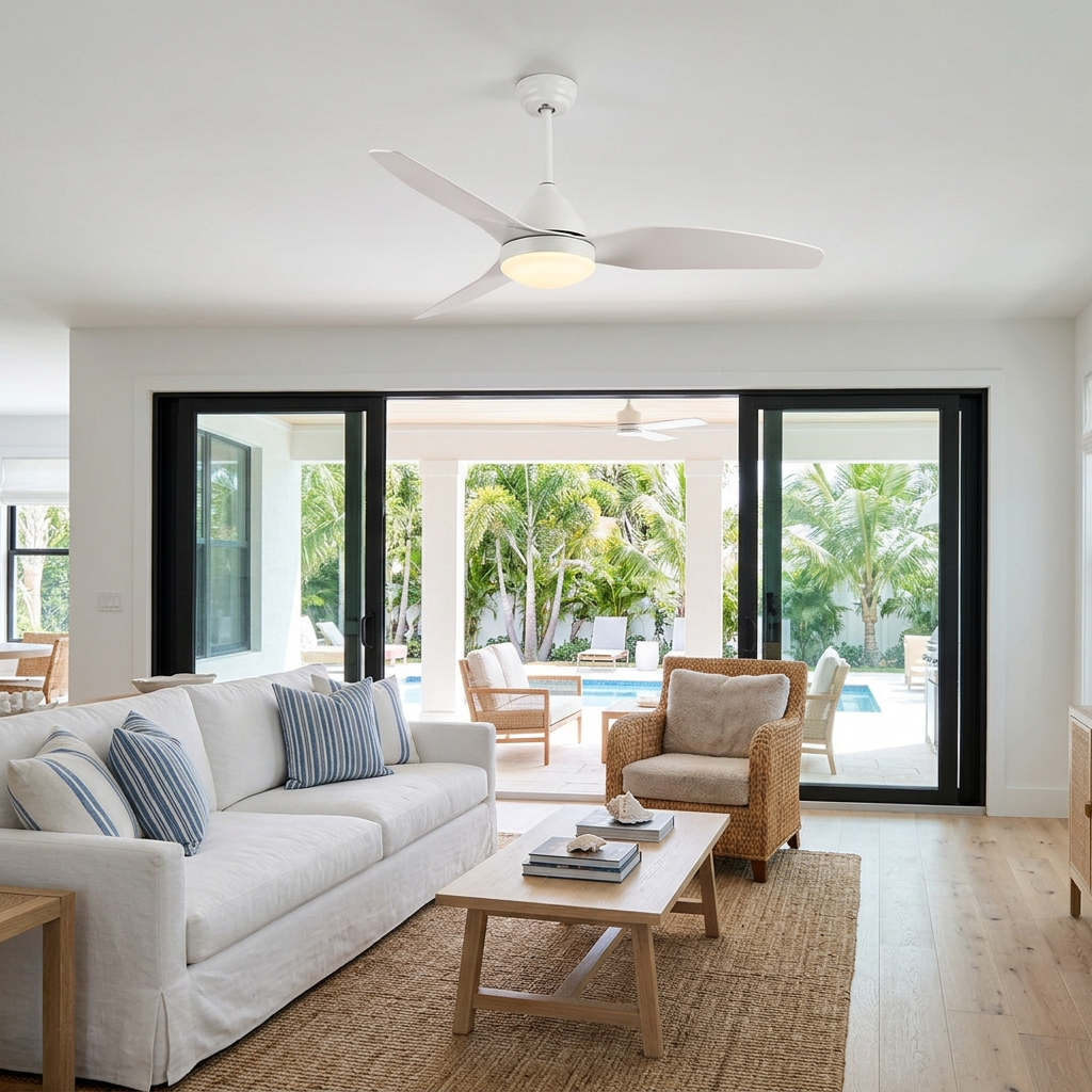 Alize Ceiling Fan Light in White in a Tampa beach house living room