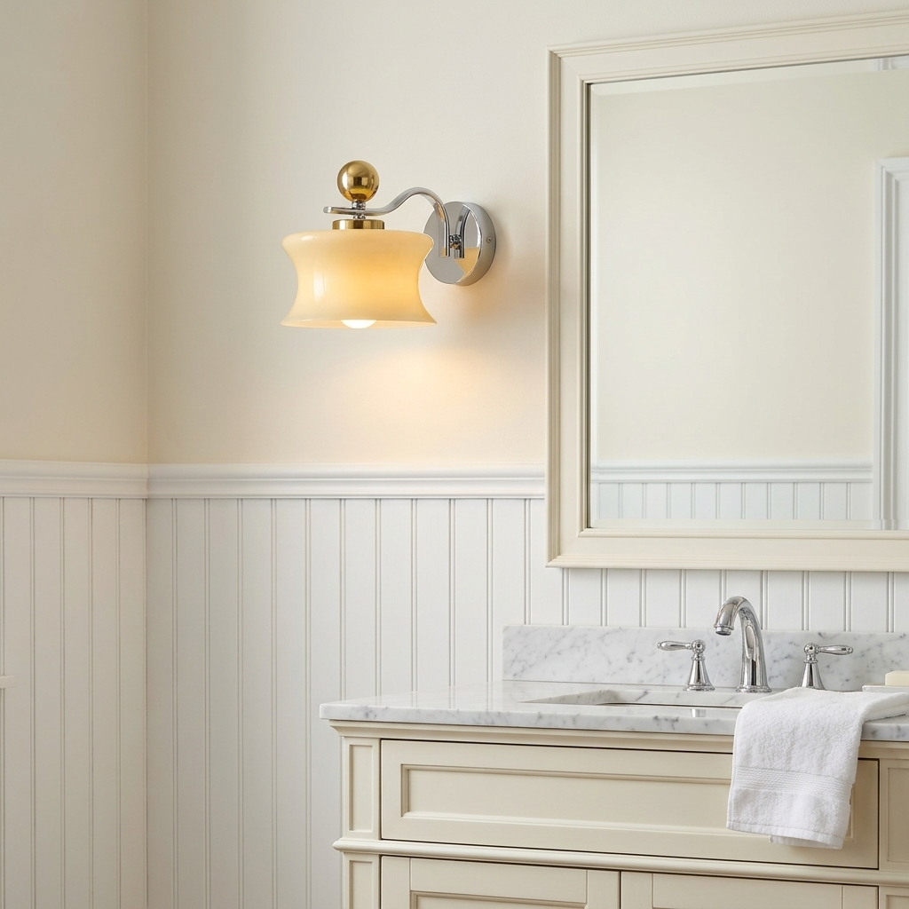 Lucienne Glass Drum Wall Sconce in Beige beside a bathroom mirror
