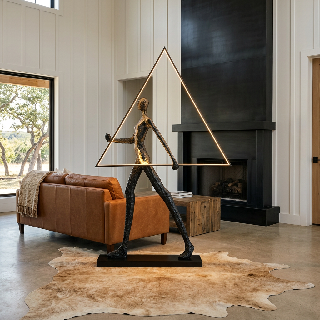 Passeur Sculptural Figure LED Floor Lamp Model C (triangle) in farmhouse great room
