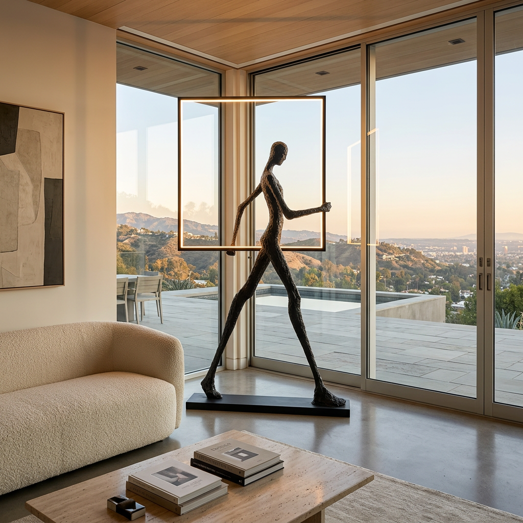 Passeur Sculptural Figure LED Floor Lamp Model A (square) in Los Angeles living room