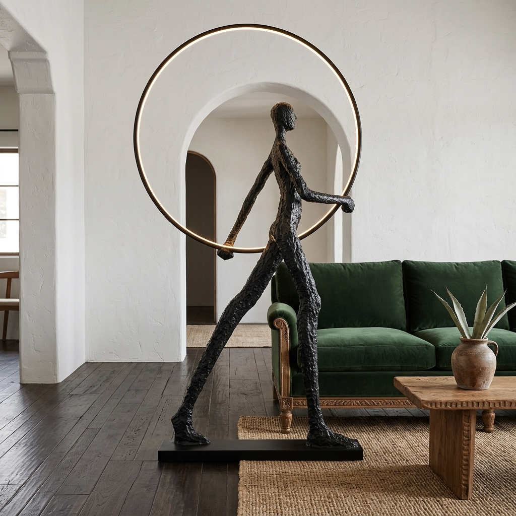 Passeur Sculptural Figure LED Floor Lamp Model B (circle) in Spanish-style living room