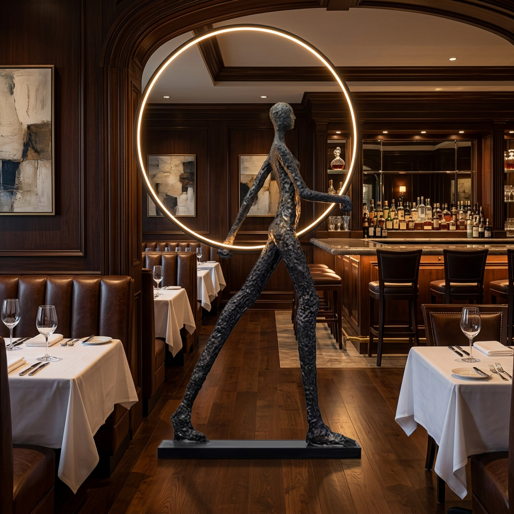 Passeur Sculptural Figure LED Floor Lamp Model B (circle) in steakhouse dining room