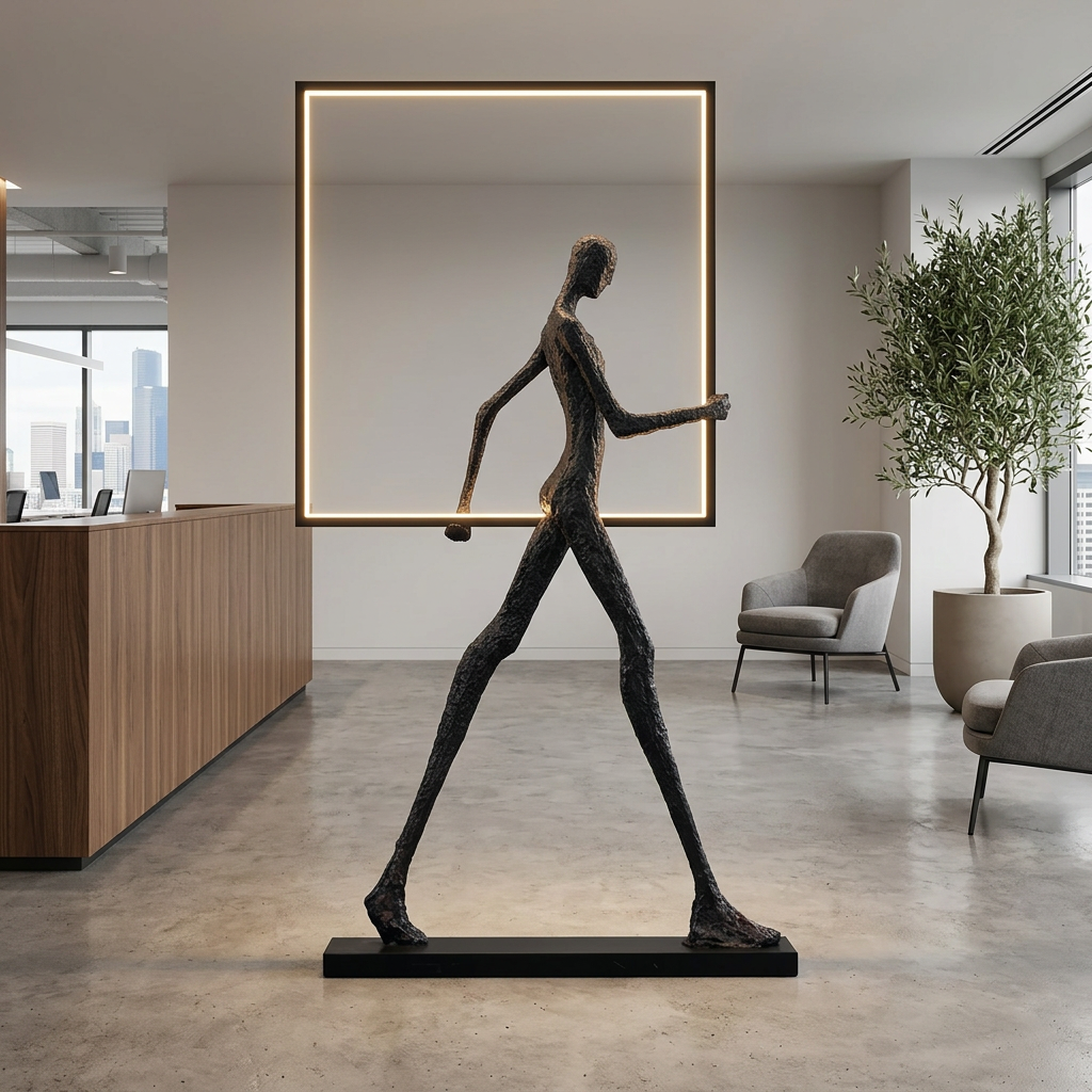 Passeur Sculptural Figure LED Floor Lamp Model A (square) in office lobby