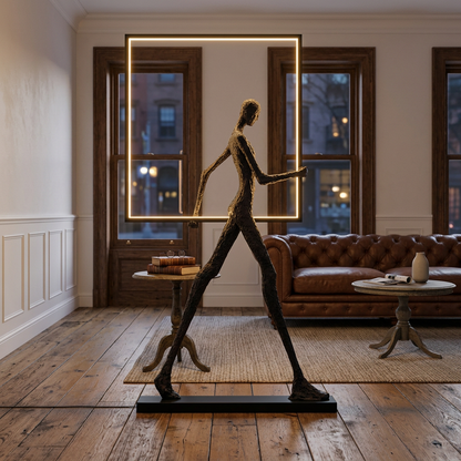 Passeur Sculptural Figure LED Floor Lamp Model A (square) in brownstone living room