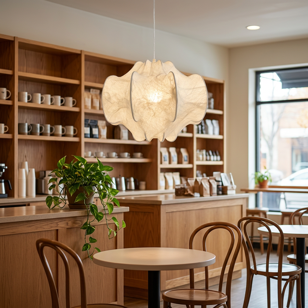 Bombyx Silk Cocoon Pendant Light in White neighborhood coffee shop