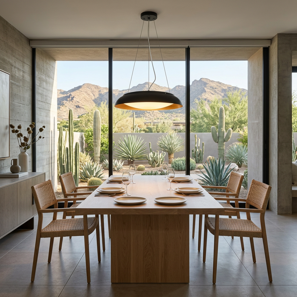 Avenne black slim disc LED pendant light over a dining table in a modern home