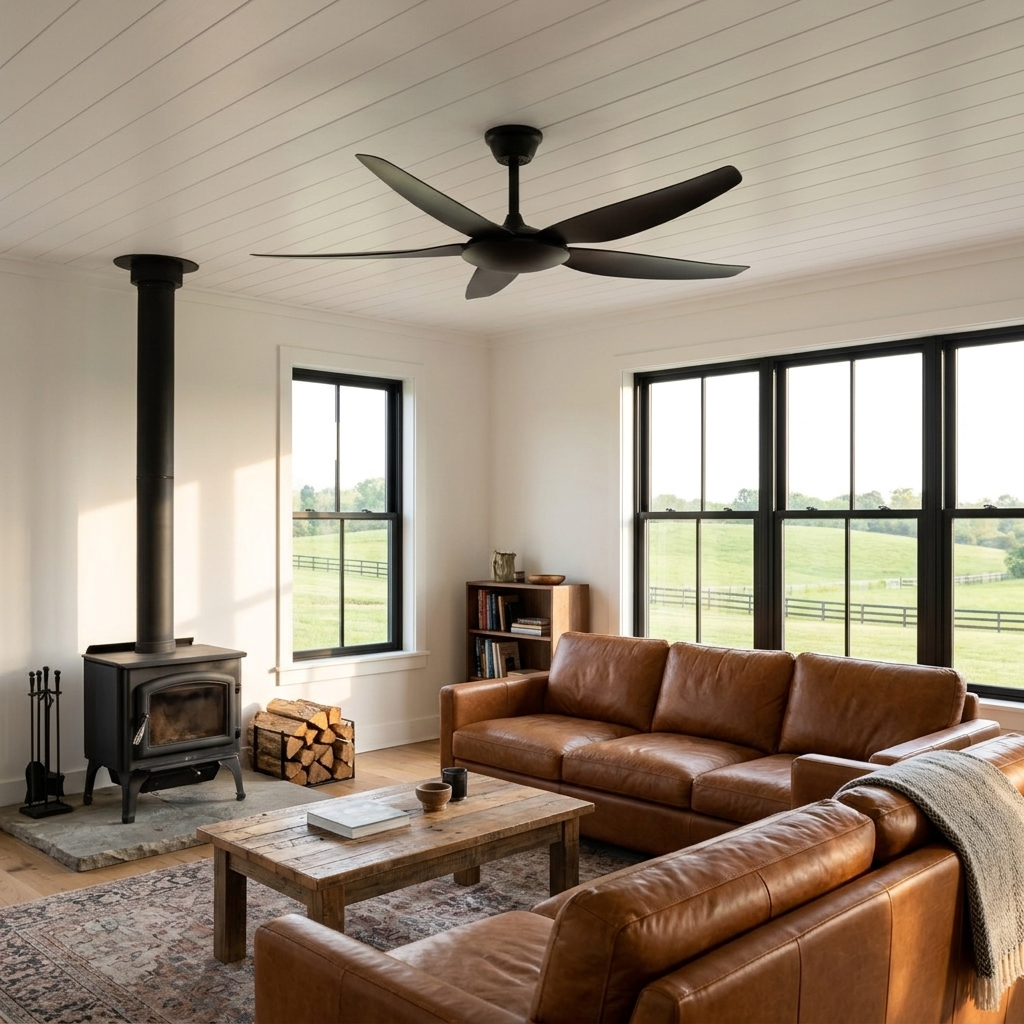 Noemi matte black ceiling fan in a farmhouse family room