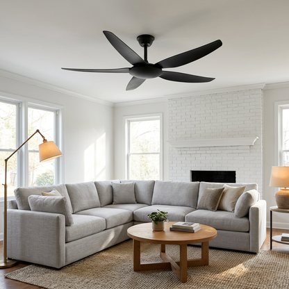 Noemi matte black ceiling fan in a suburban living room