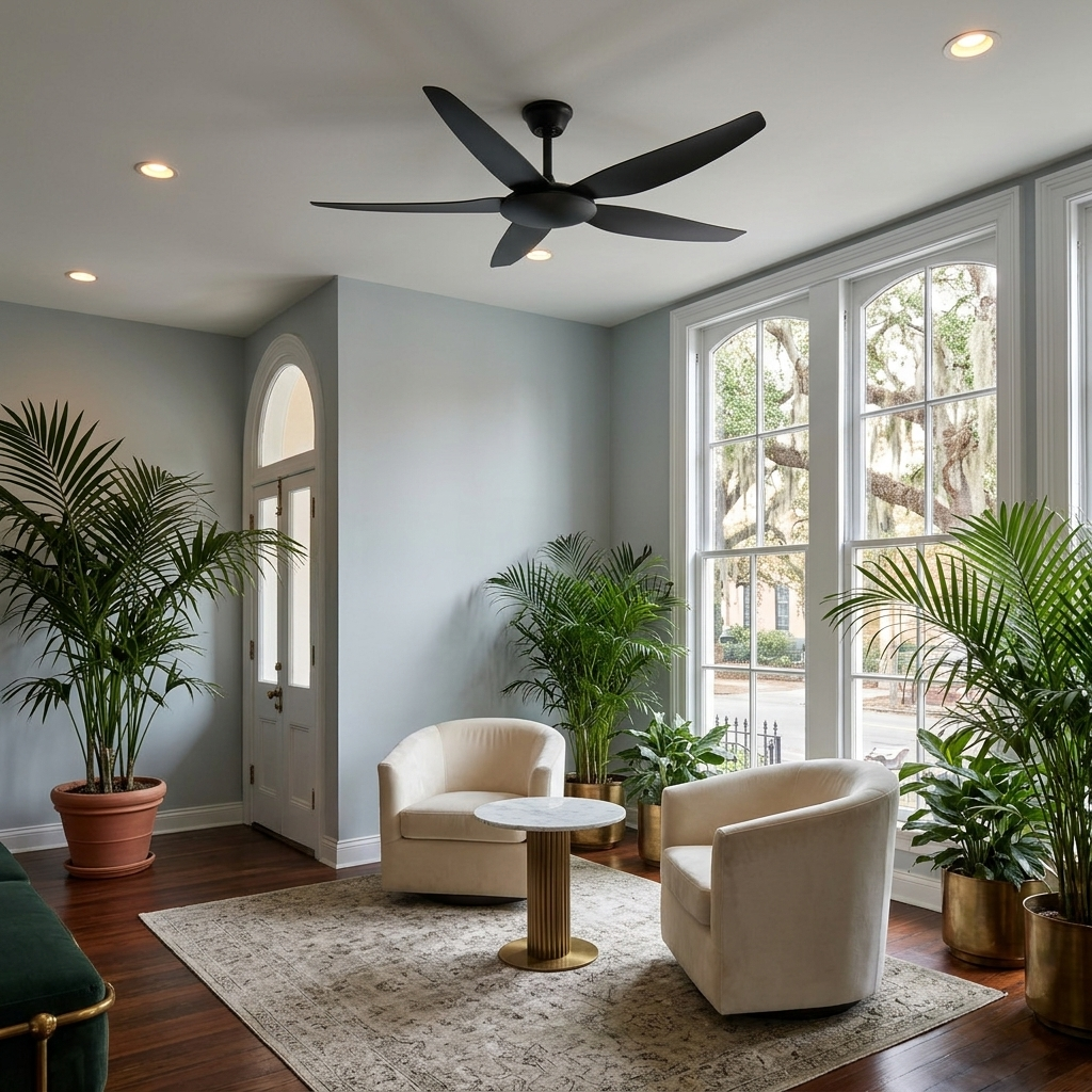 Noemi matte black ceiling fan in a boutique hotel lobby