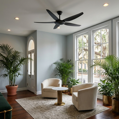 Noemi matte black ceiling fan in a boutique hotel lobby