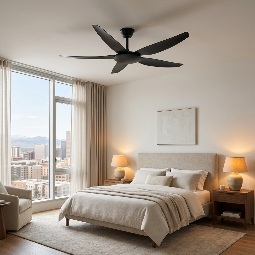 Noemi matte black ceiling fan above a queen bed in an apartment bedroom