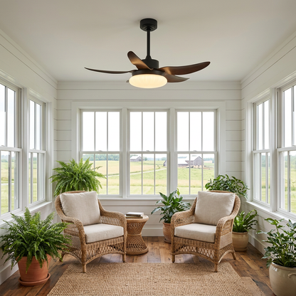 Belline walnut palm blade ceiling fan light in a farmhouse sunroom