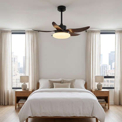 Belline walnut palm blade ceiling fan light in an apartment bedroom