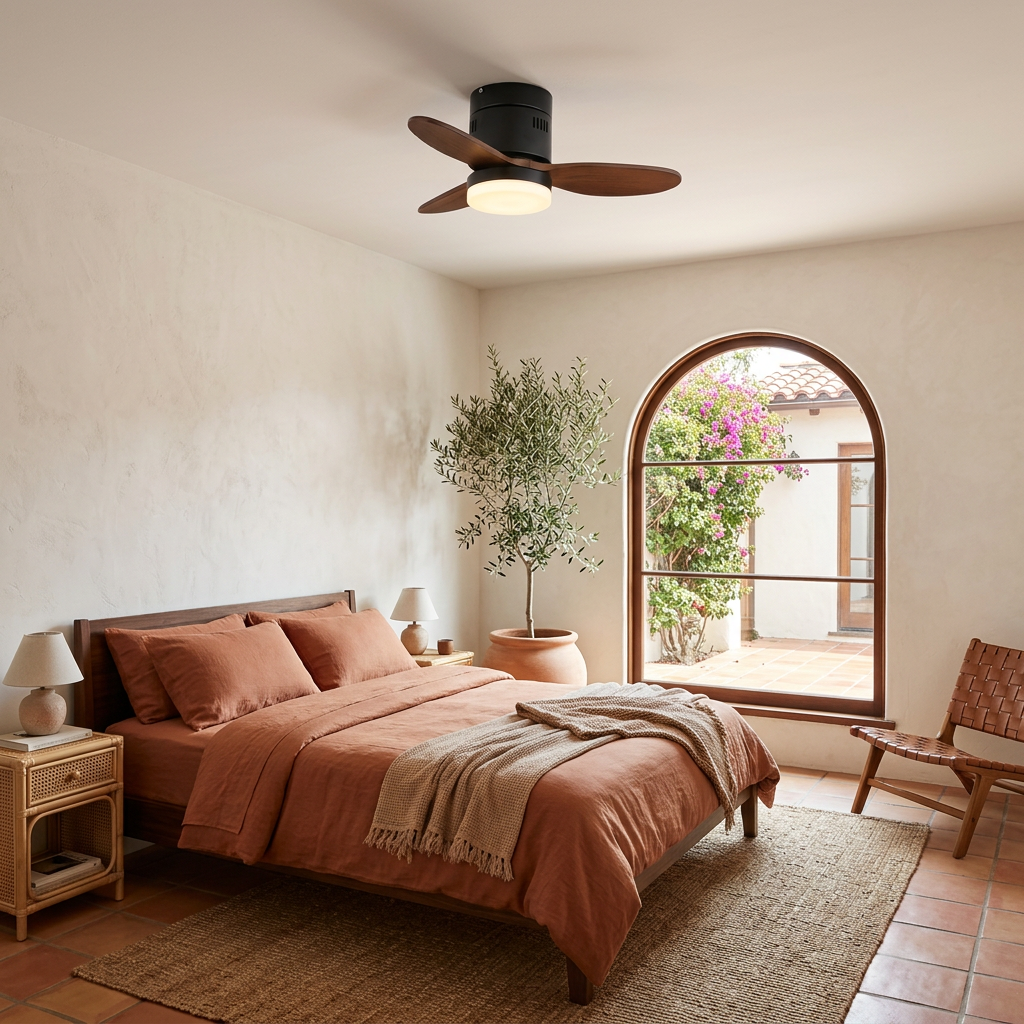 Joliette ceiling fan light Model B in a Spanish style apartment bedroom