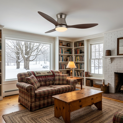 Dorae walnut and nickel ceiling fan light in a cozy farmhouse den