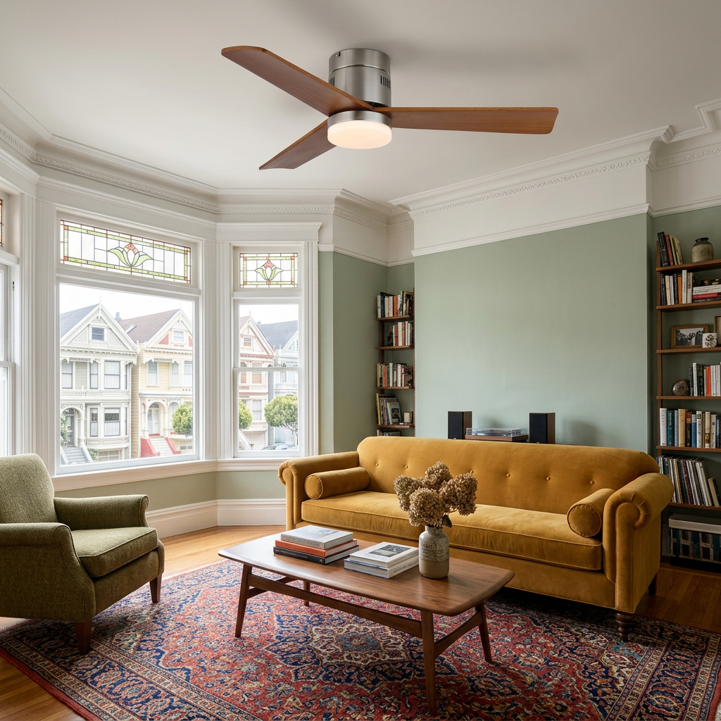Joliette ceiling fan light Model E in a Victorian apartment living room