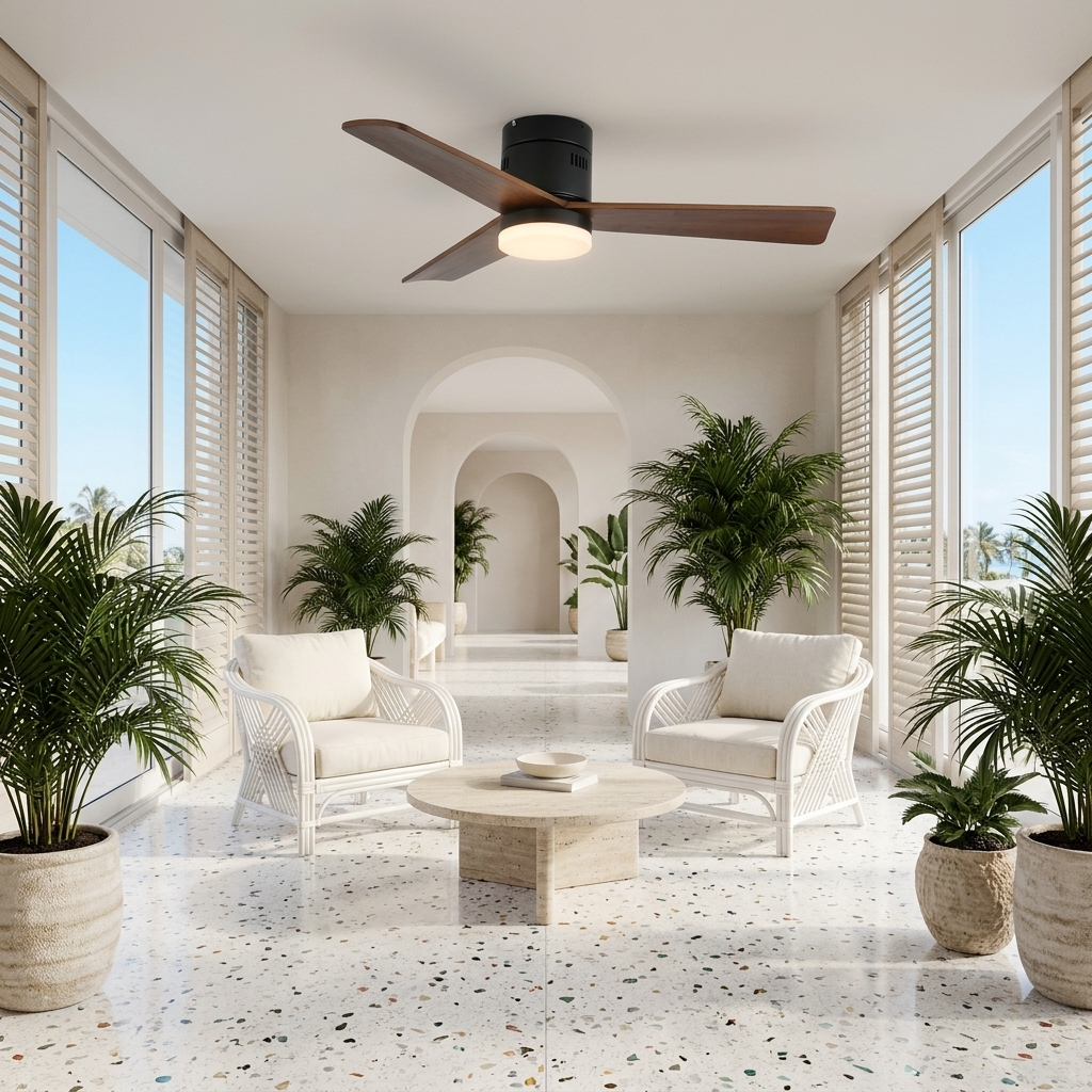 Joliette ceiling fan light Model C in a boutique hotel lobby