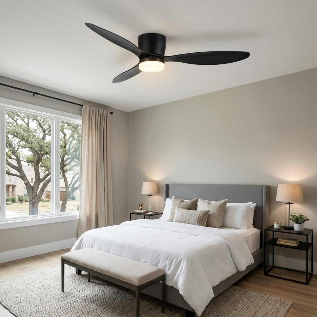 Ilona low profile ceiling fan in Model B Black in a suburban primary bedroom