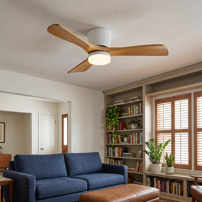 Ilona low profile ceiling fan in Model A Nature Wood &amp; White in a suburban den