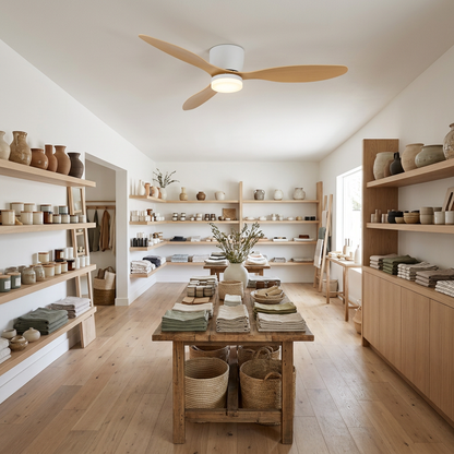 Ilona low profile ceiling fan in Model B Nature Wood &amp; White in a home goods store