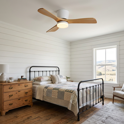 Ilona low profile ceiling fan in Model A Nature Wood &amp; White in a farmhouse bedroom