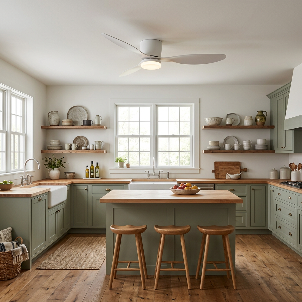 Ilona low profile ceiling fan in Model B White in a farmhouse kitchen
