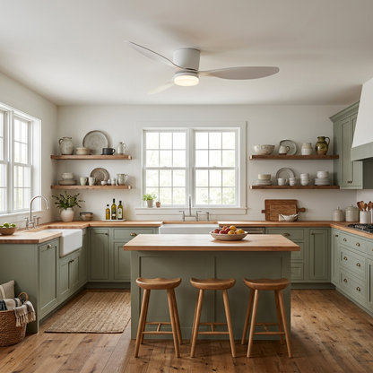 Ilona low profile ceiling fan in Model B White in a farmhouse kitchen