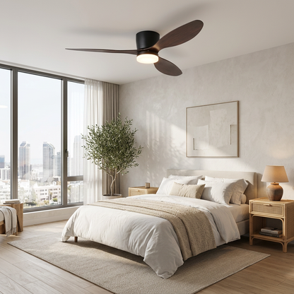 Ilona low profile ceiling fan in Model B Walnut &amp; Black in an apartment bedroom