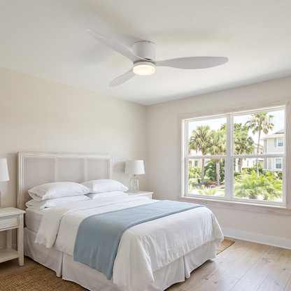 Ilona low profile ceiling fan in Model B White in a coastal suburban bedroom