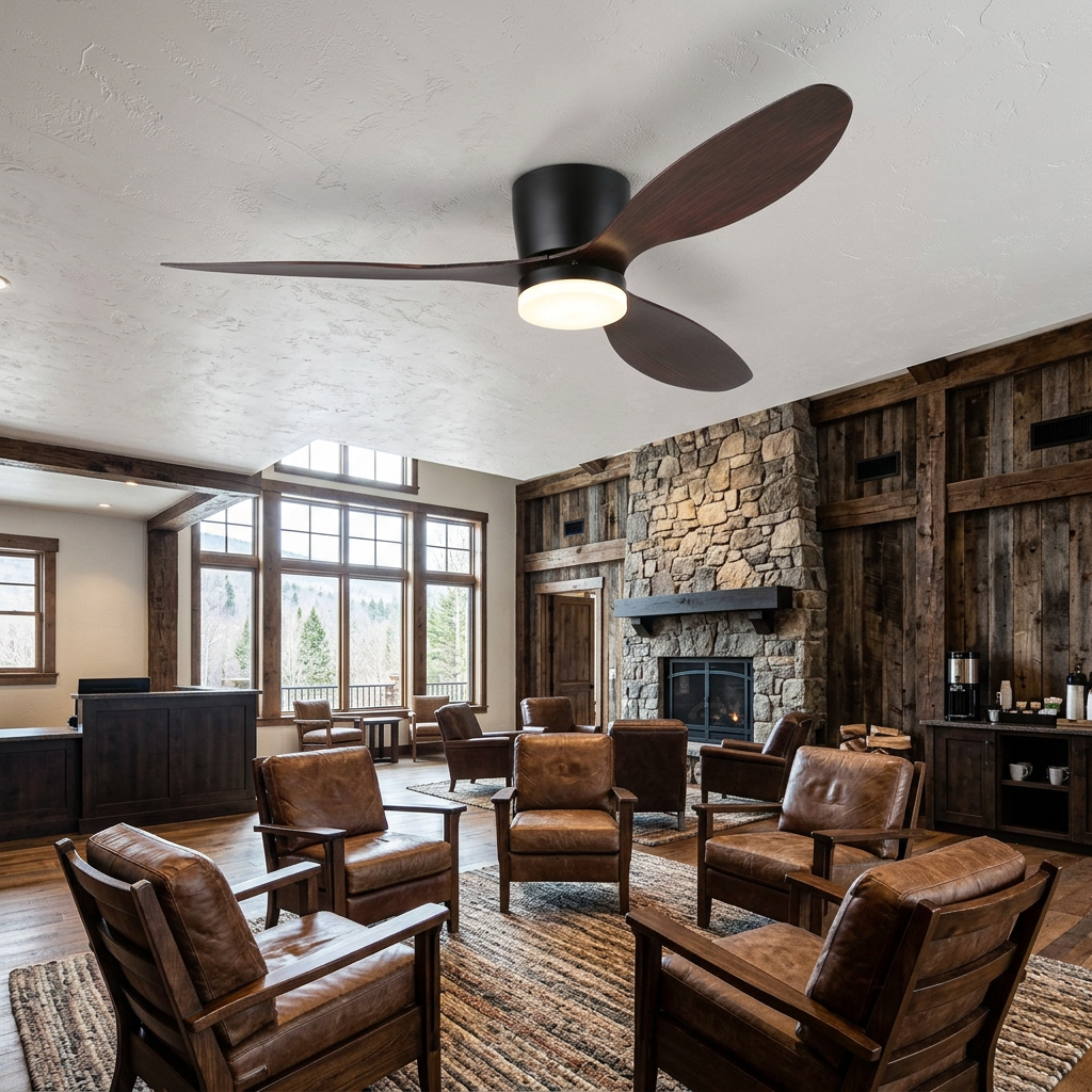 Ilona low profile ceiling fan in Model B Walnut &amp; Black in a hotel lobby lounge