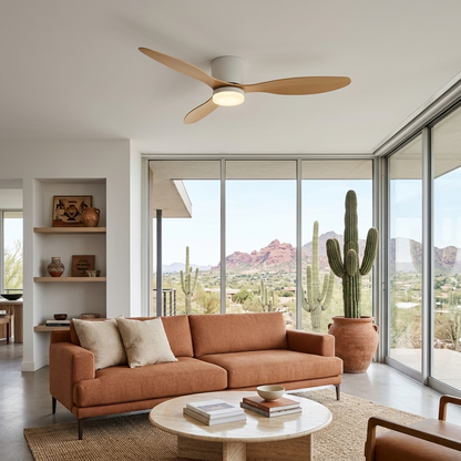 Ilona low profile ceiling fan in Model B Nature Wood &amp; White in an apartment living room