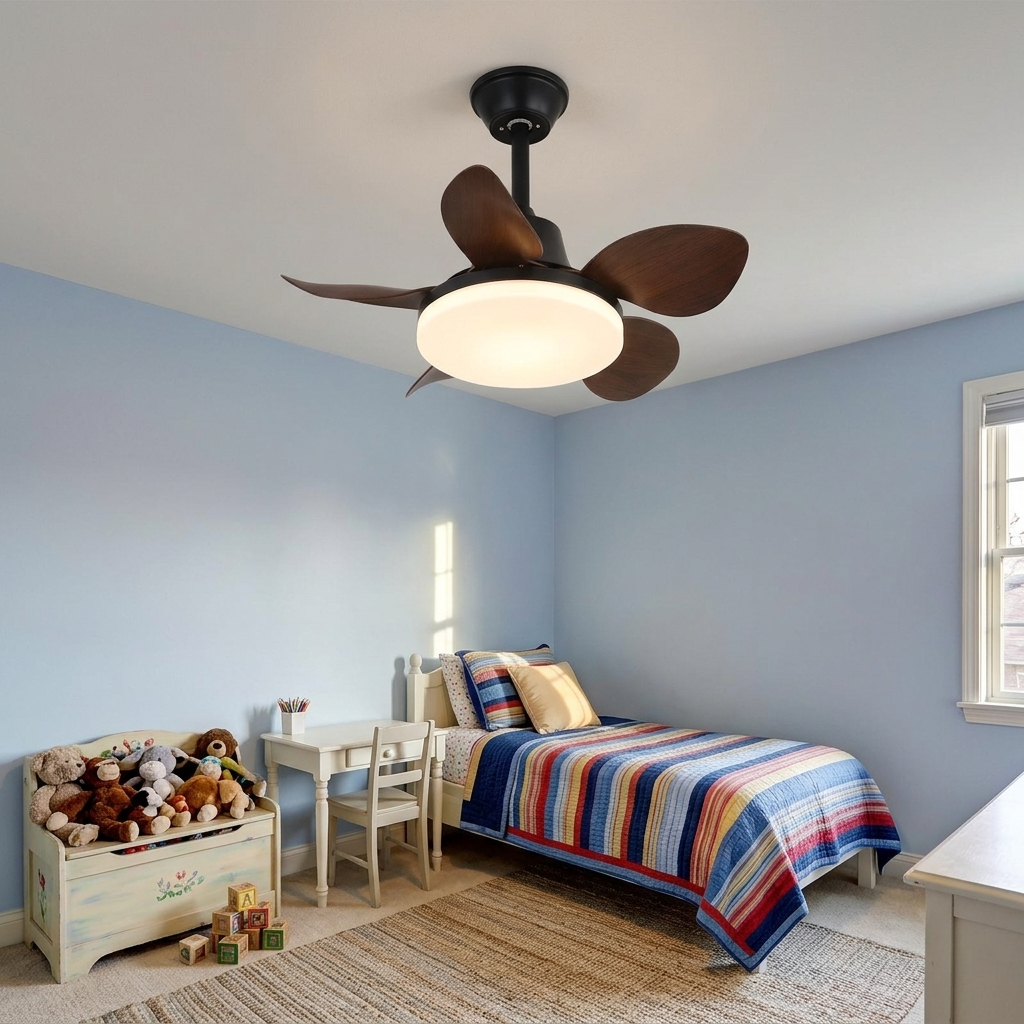 Junon walnut blade ceiling fan Model B in a suburban child&