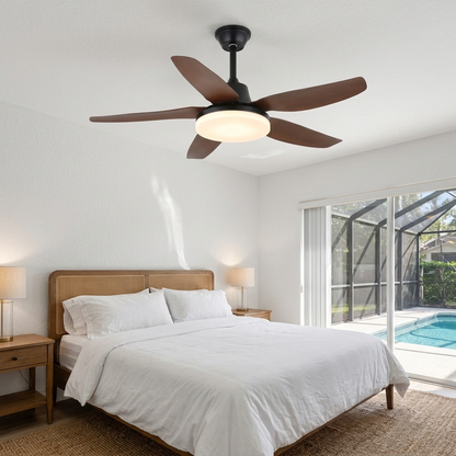 Junon walnut blade ceiling fan Model F in a suburban primary bedroom