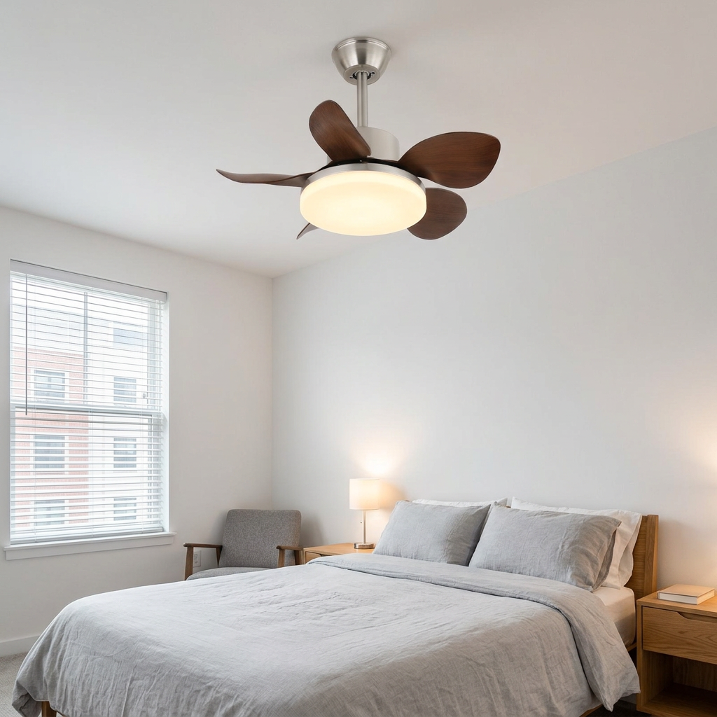 Junon walnut blade ceiling fan Model A in an apartment bedroom