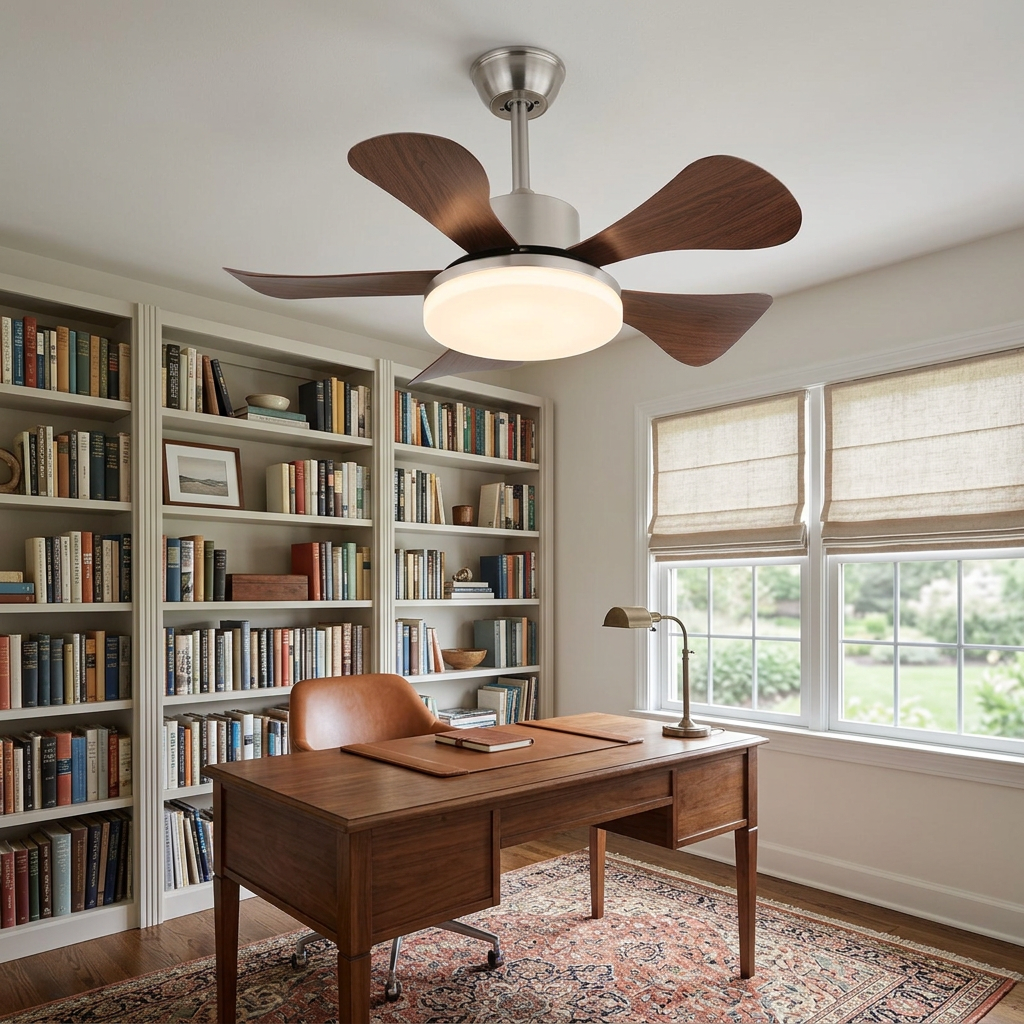 Junon walnut blade ceiling fan Model C in a suburban home study