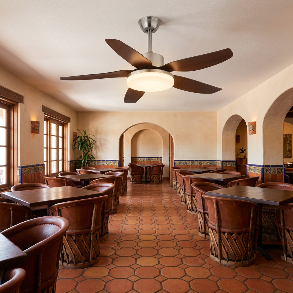 Junon walnut blade ceiling fan Model E in a restaurant dining room