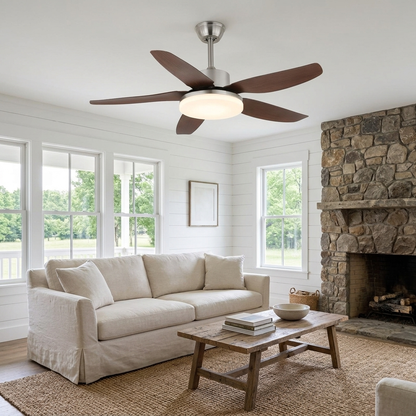Junon walnut blade ceiling fan Model E in a farmhouse living room