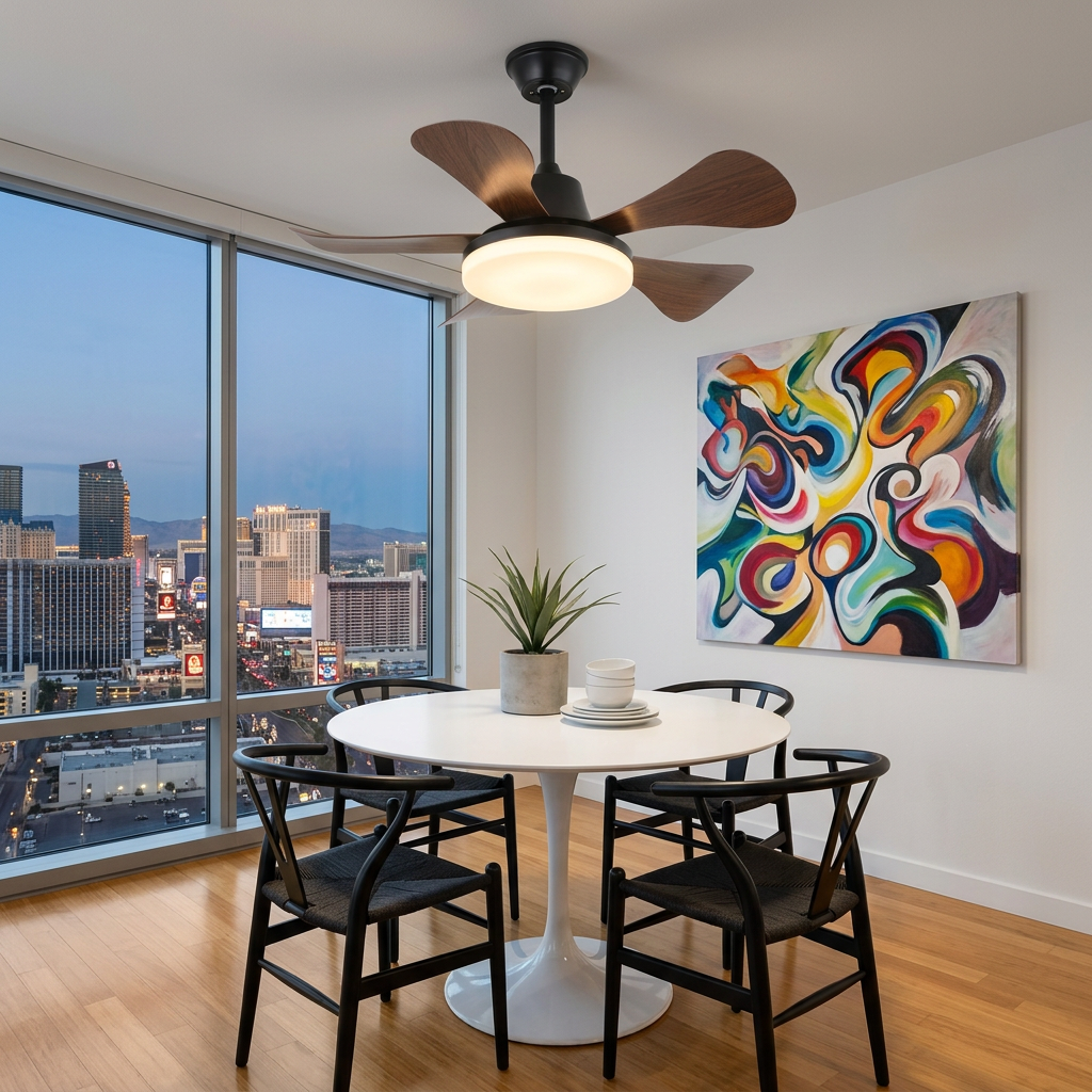 Junon walnut blade ceiling fan Model D in an apartment dining nook