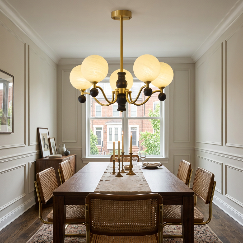 Ulyana brass and walnut glass globe chandelier, 5 lights, over an apartment dining table
