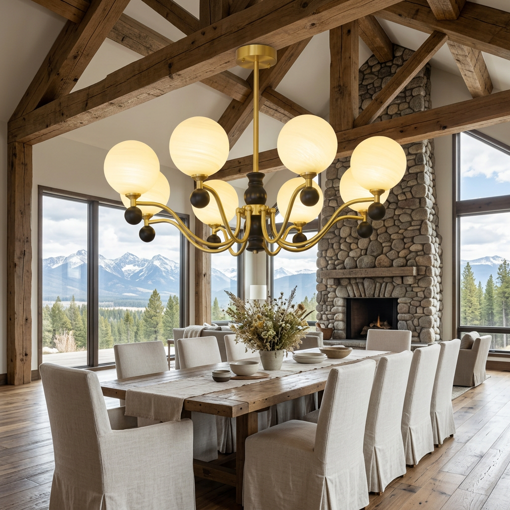 Ulyana brass and walnut glass globe chandelier, 8 lights, over a farmhouse dining table