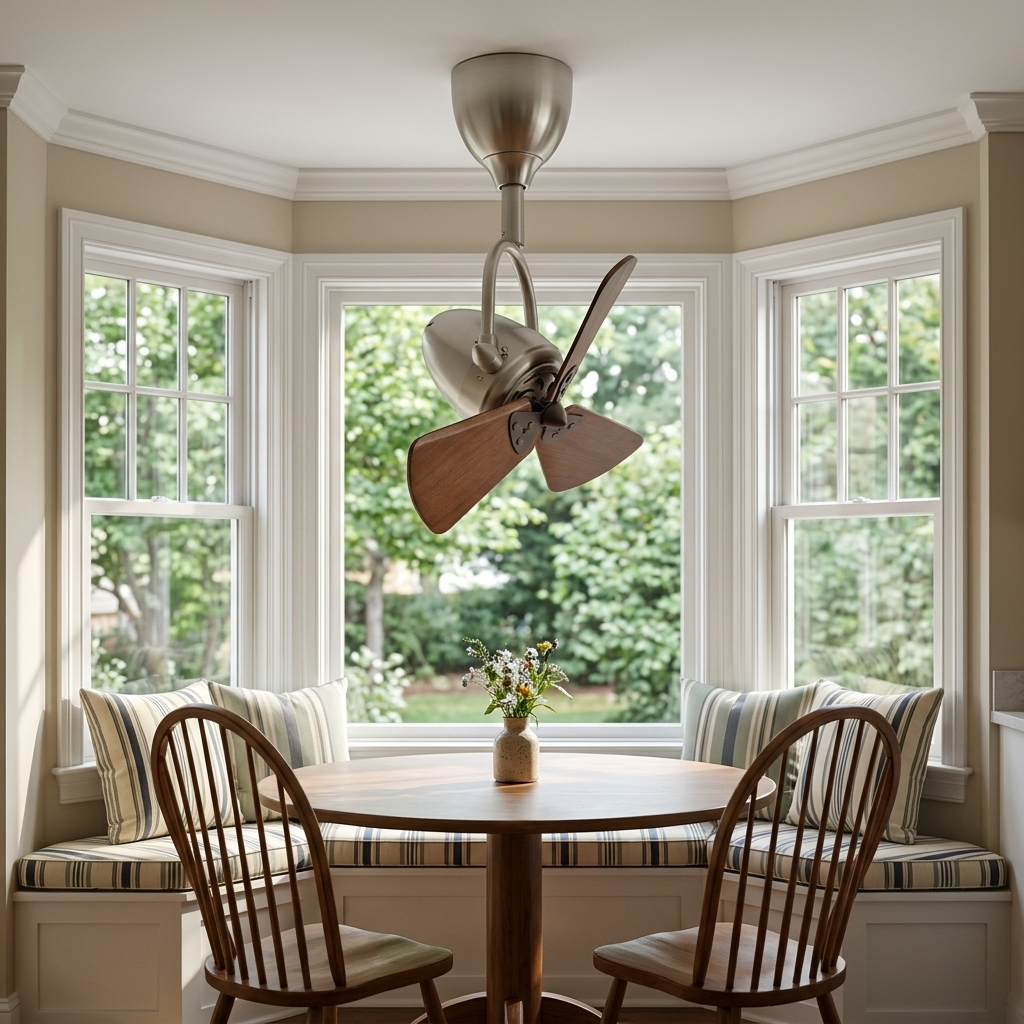 Cyrene walnut articulated ceiling fan above a breakfast nook table