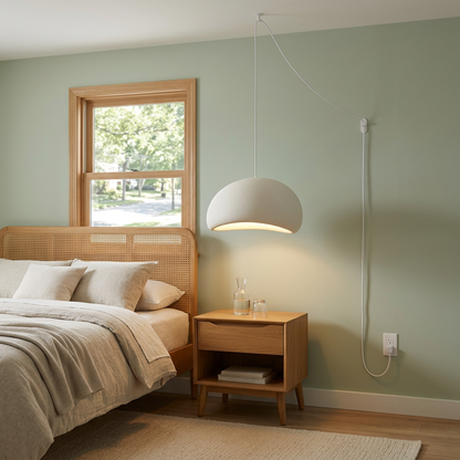 Thessaly cloud plug-in swag pendant light in White beside the bed in a suburban guest bedroom