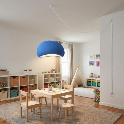Thessaly cloud plug-in swag pendant light in Blue over a craft table in a suburban playroom