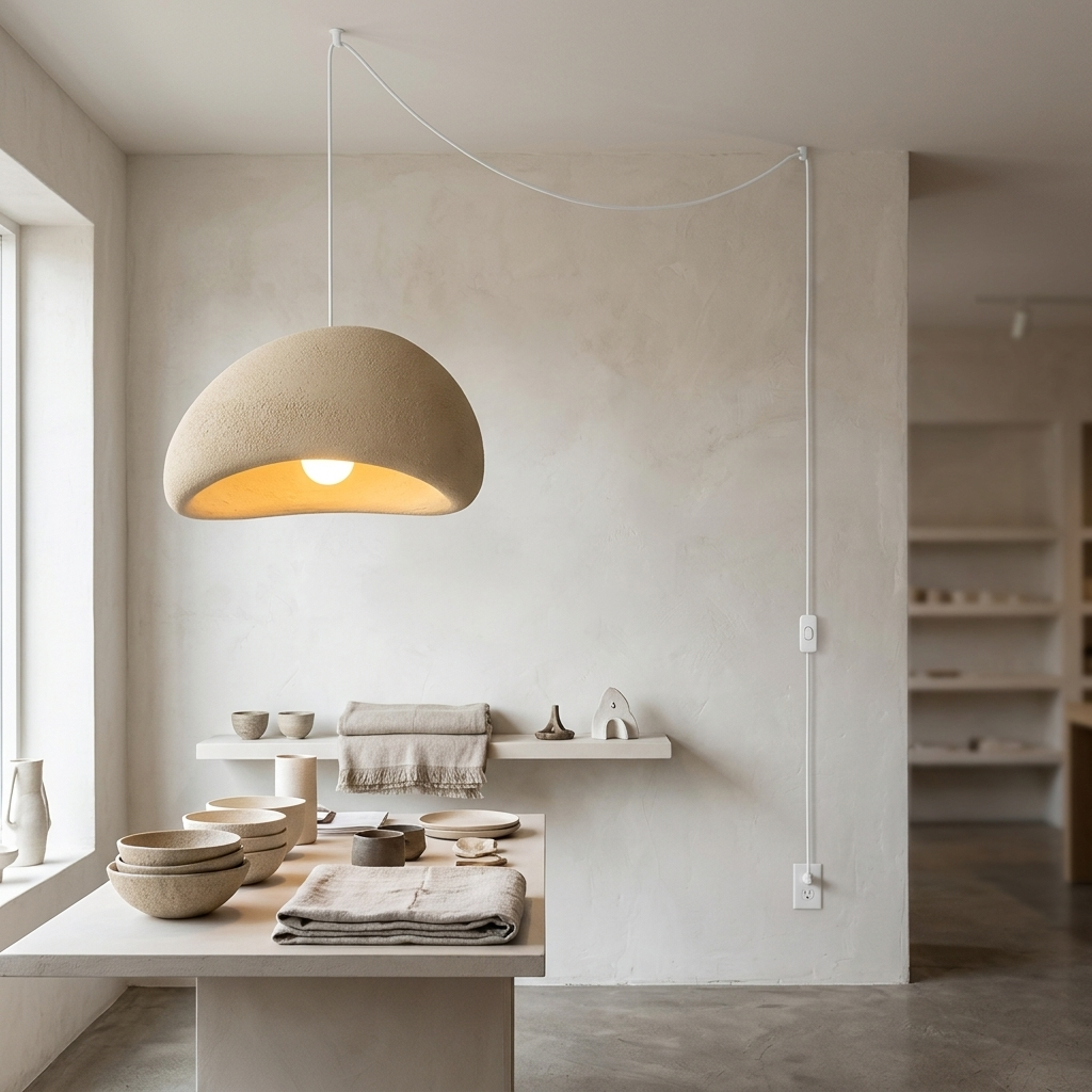 Thessaly cloud plug-in swag pendant light in Beige over a display table in a home-goods boutique