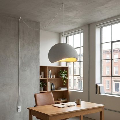 Thessaly cloud plug-in swag pendant light in Grey over a desk in a loft apartment home office