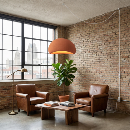 Thessaly cloud plug-in swag pendant light in Orange over a lounge seating area in an office
