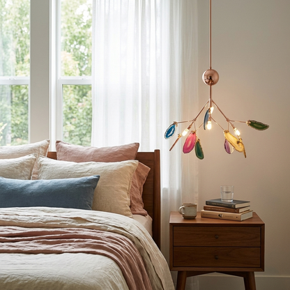 Calliste 4-head multicolor agate rose gold chandelier over a nightstand in a Portland apartment bedroom