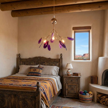 Calliste 4-head purple agate rose gold chandelier over a nightstand in a Santa Fe adobe bedroom